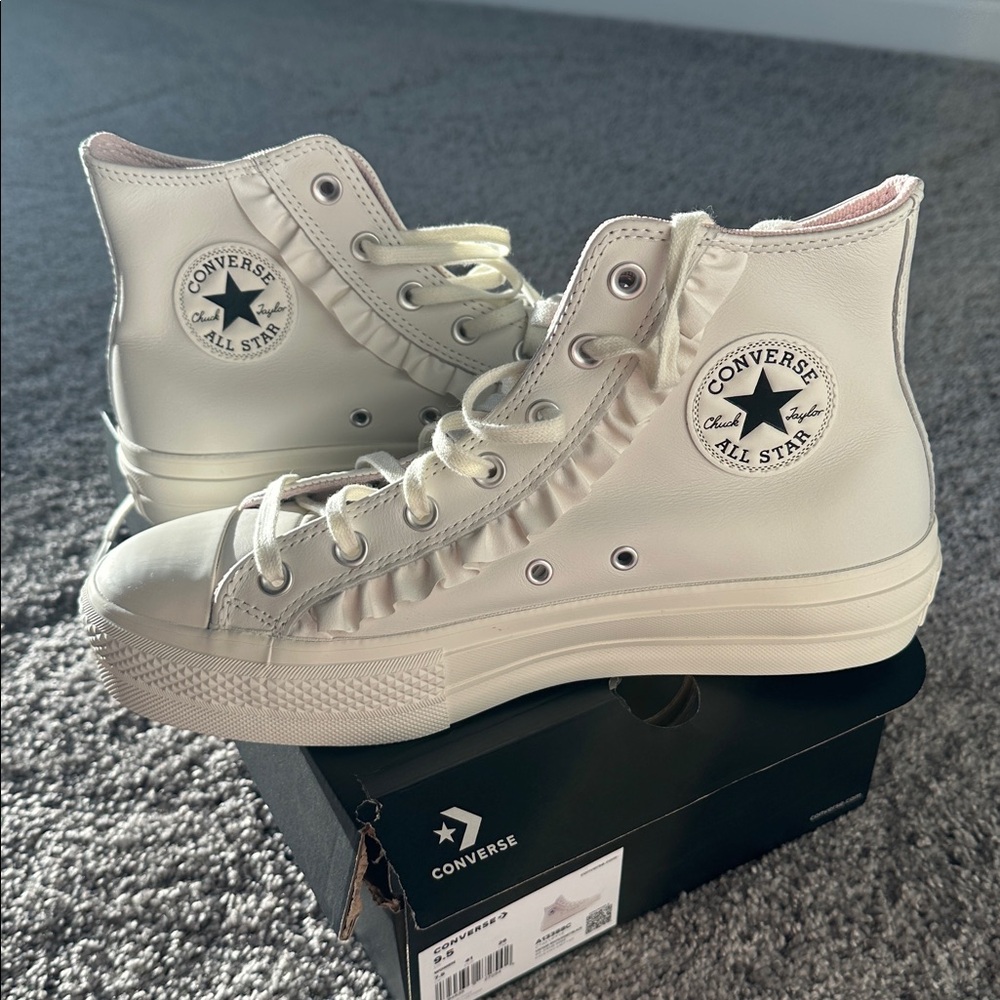 Women’s White High-Top Canvas Sneakers with Ruffle Accent